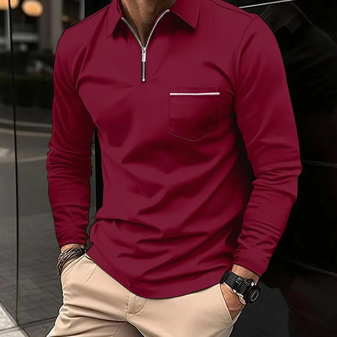 Mens Long-Sleeve Shirt - Slim Fit Zip Collar - Chest Pocket - Casual & Sporty