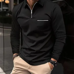 Mens Long-Sleeve Shirt - Slim Fit Zip Collar - Chest Pocket - Casual & Sporty