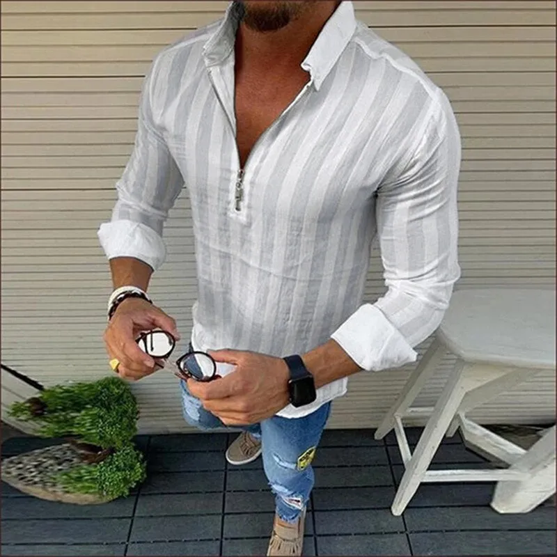 Mens Long-Sleeve Zip-Up Shirt - Slim Fit - Striped Pattern - Collared Casual Wear