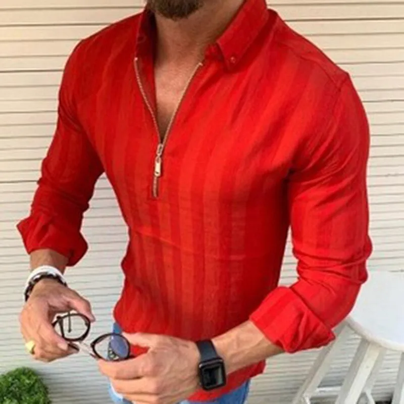 Mens Long-Sleeve Zip-Up Shirt - Slim Fit - Striped Pattern - Collared Casual Wear