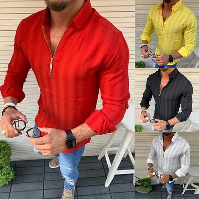 Mens Long-Sleeve Zip-Up Shirt - Slim Fit - Striped Pattern - Collared Casual Wear