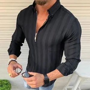 Mens Long-Sleeve Zip-Up Shirt - Slim Fit - Striped Pattern - Collared Casual Wear