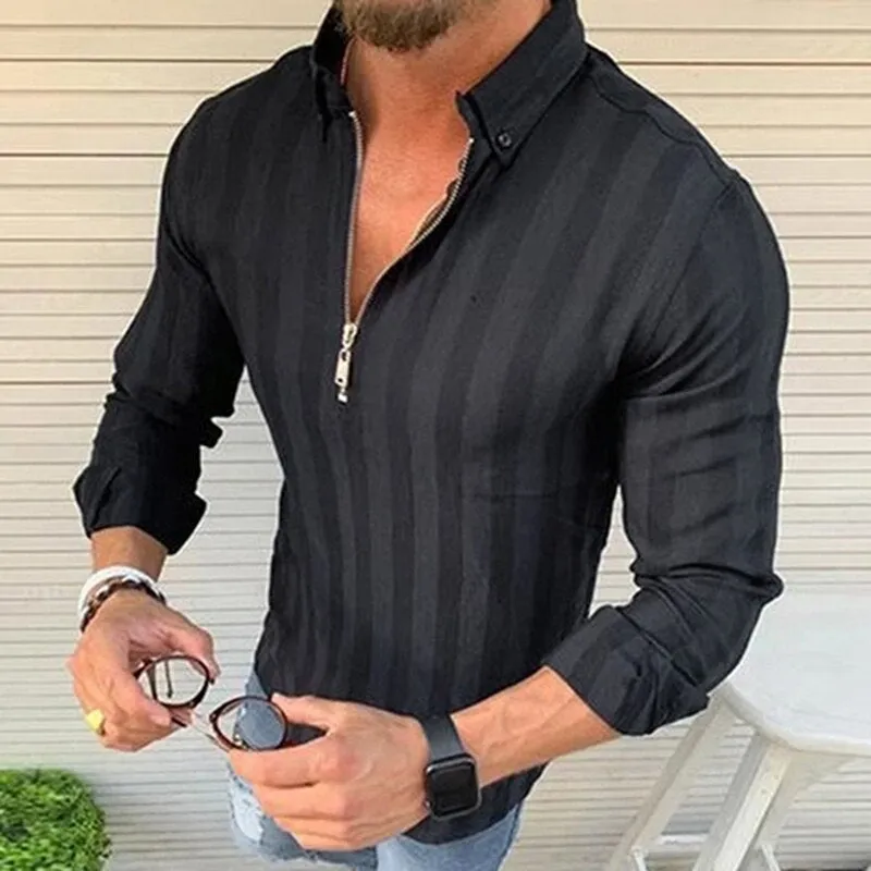 Mens Long-Sleeve Zip-Up Shirt - Slim Fit - Striped Pattern - Collared Casual Wear