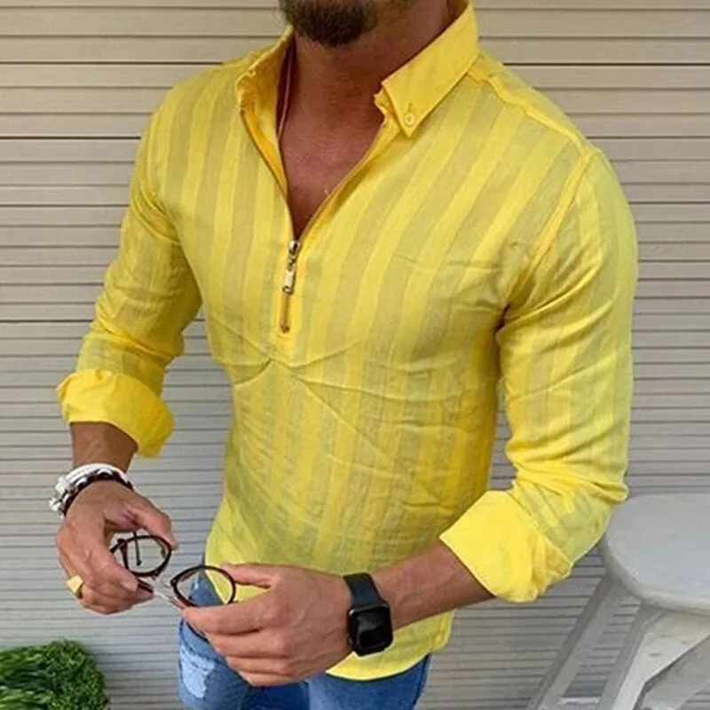 Mens Long-Sleeve Zip-Up Shirt - Slim Fit - Striped Pattern - Collared Casual Wear