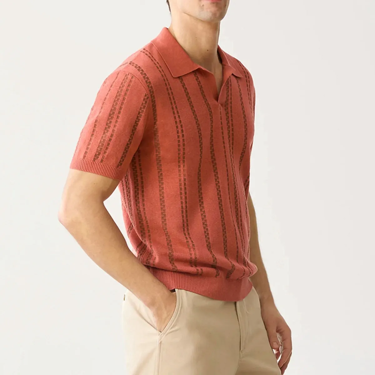 Mens Polo Shirt  Jacquard Knit  Regular Fit  V-Neck  Short Sleeve Ribbed Trim