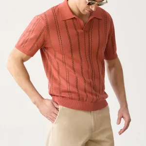 Mens Polo Shirt  Jacquard Knit  Regular Fit  V-Neck  Short Sleeve Ribbed Trim