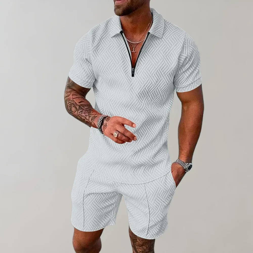 Mens Romper  Collared Zip Front  Short Sleeve Tailored Fit  Geometric Pattern
