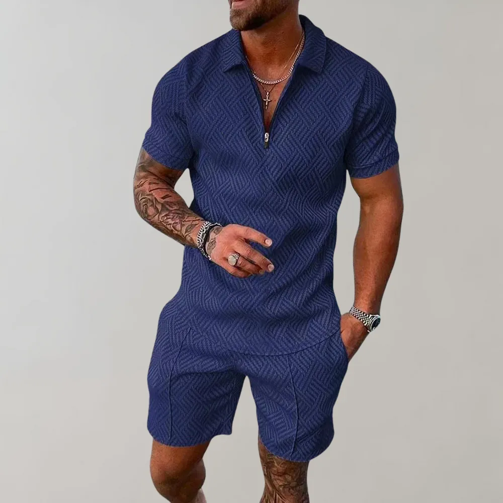 Mens Romper  Collared Zip Front  Short Sleeve Tailored Fit  Geometric Pattern