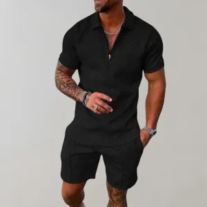 Mens Romper  Collared Zip Front  Short Sleeve Tailored Fit  Geometric Pattern