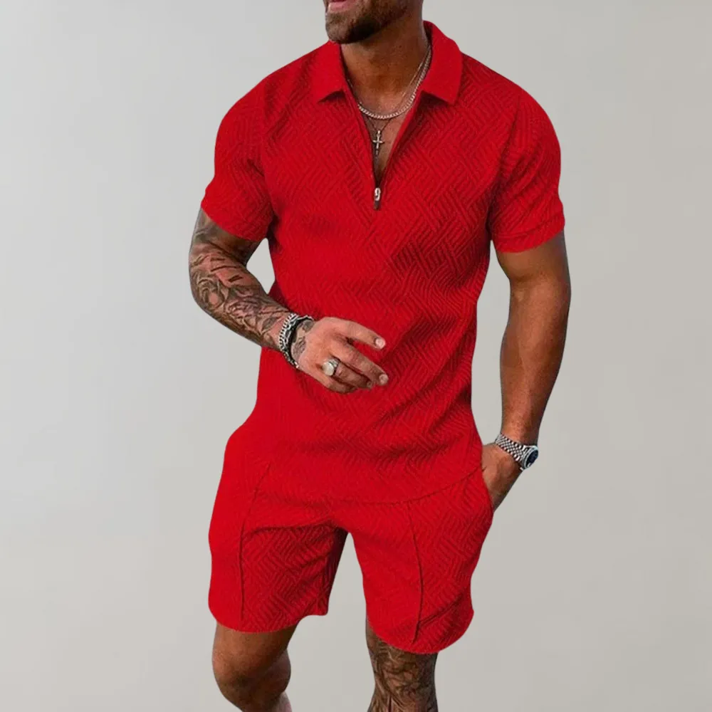 Mens Romper  Collared Zip Front  Short Sleeve Tailored Fit  Geometric Pattern