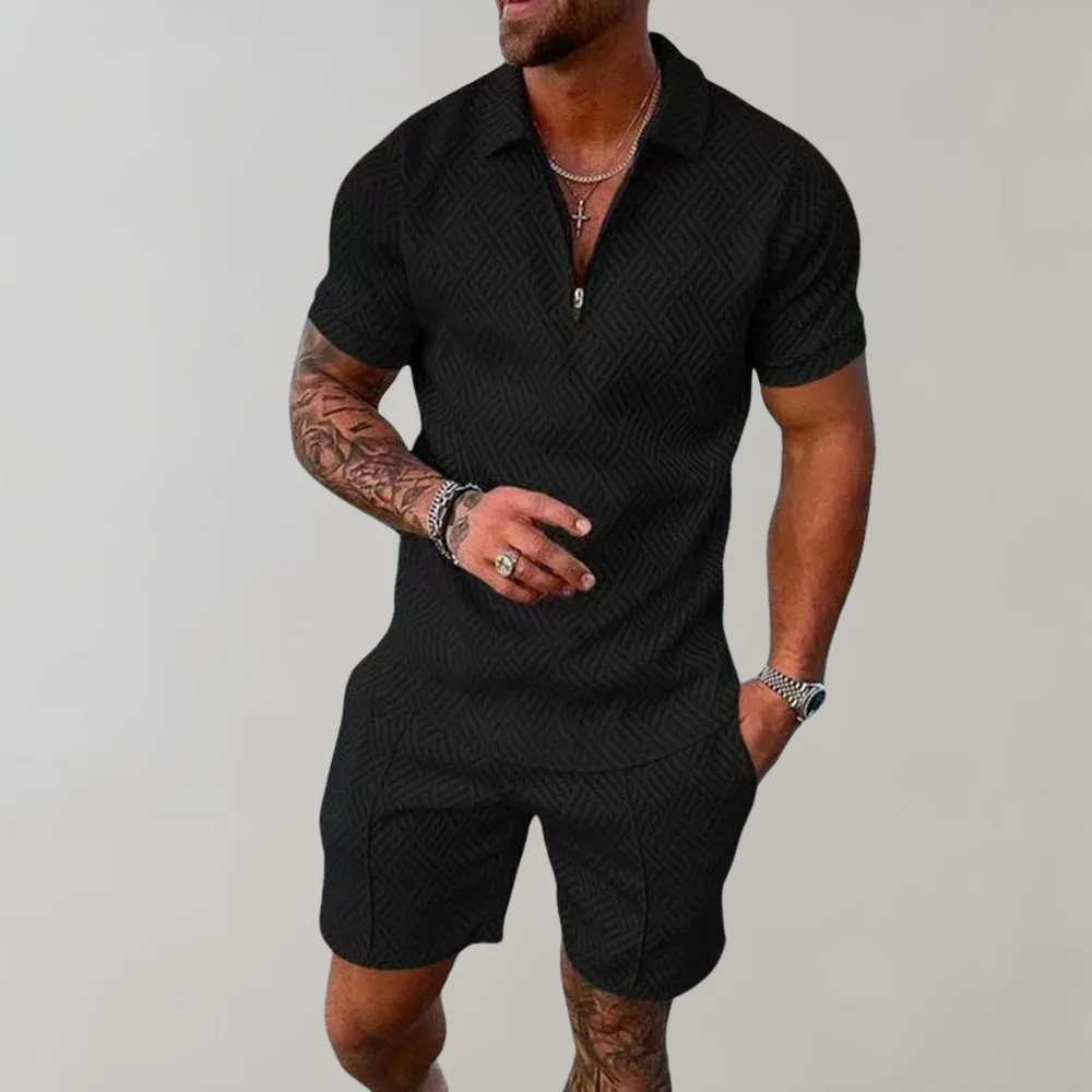Mens Romper  Collared Zip Front  Short Sleeve Tailored Fit  Geometric Pattern