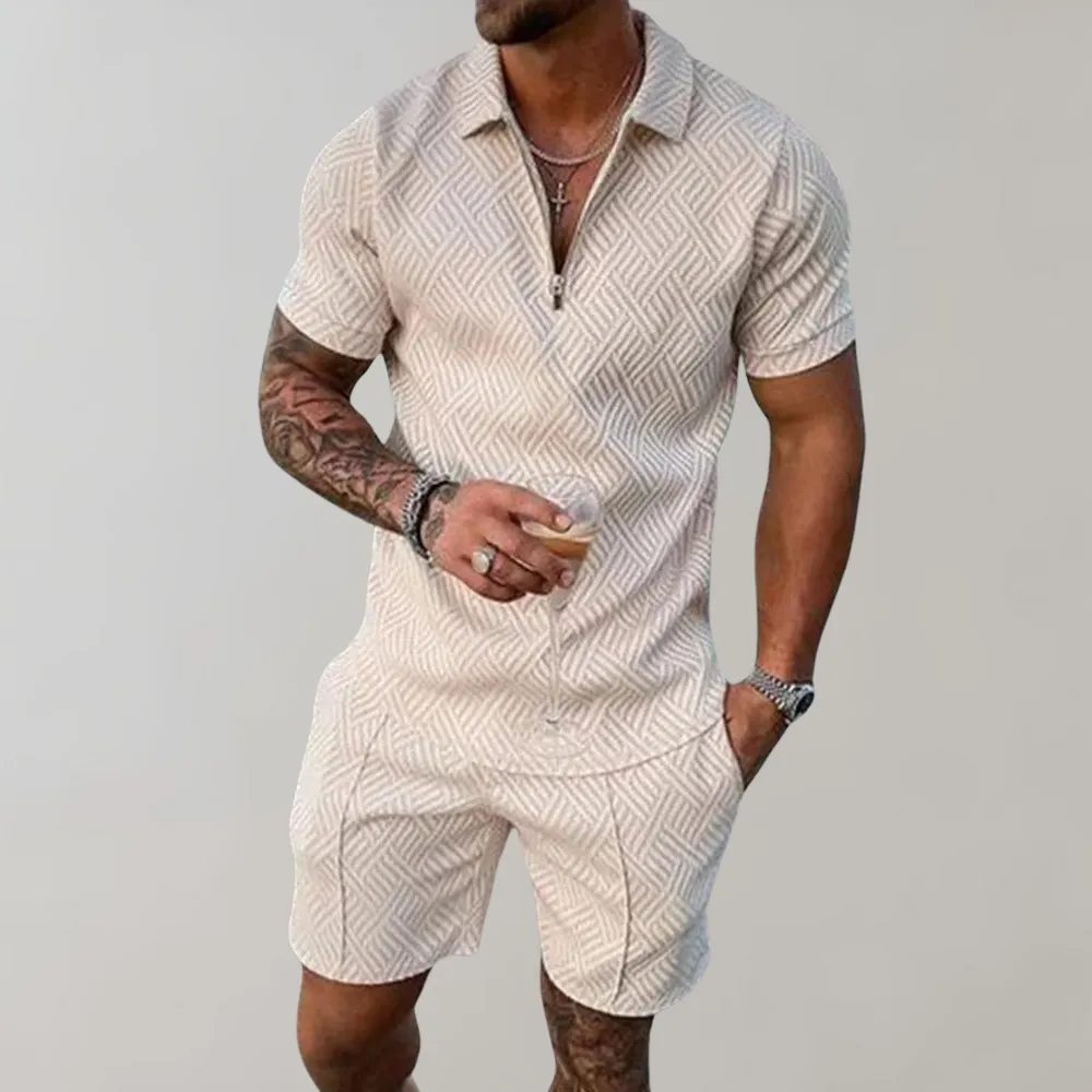 Mens Romper  Collared Zip Front  Short Sleeve Tailored Fit  Geometric Pattern