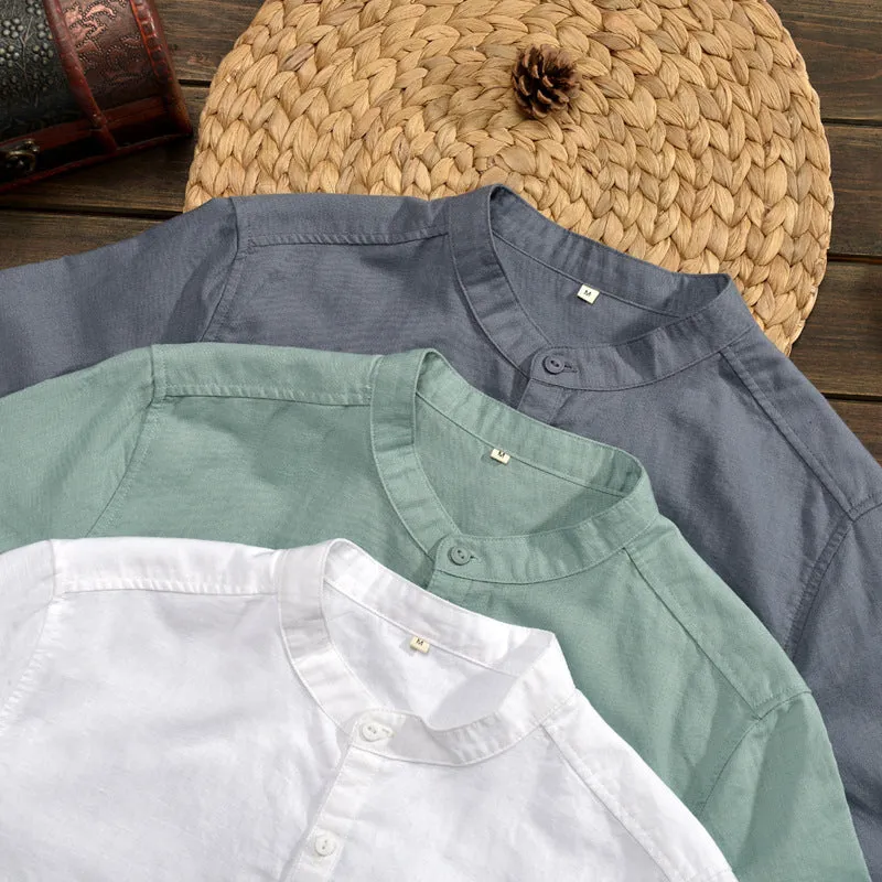 Mens Shirt  Linen Blend  Relaxed Fit  Mid Sleeve  Mandarin Collar Casual Wear