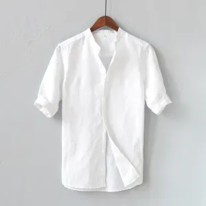 Mens Shirt  Linen Blend  Relaxed Fit  Mid Sleeve  Mandarin Collar Casual Wear