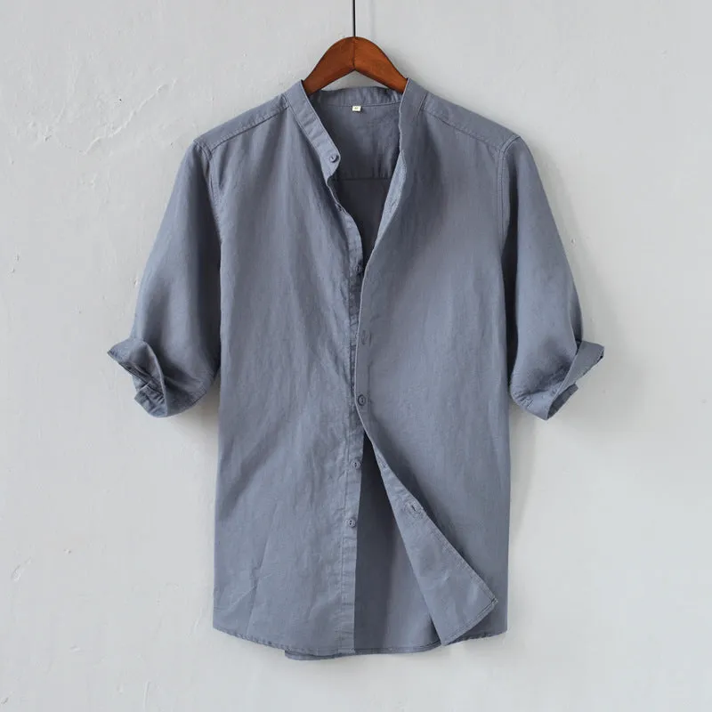 Mens Shirt  Linen Blend  Relaxed Fit  Mid Sleeve  Mandarin Collar Casual Wear
