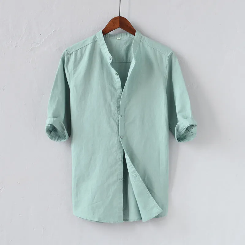 Mens Shirt  Linen Blend  Relaxed Fit  Mid Sleeve  Mandarin Collar Casual Wear