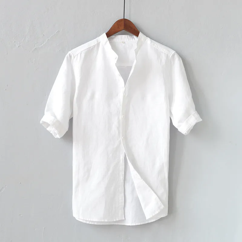 Mens Shirt  Linen Blend  Relaxed Fit  Mid Sleeve  Mandarin Collar Casual Wear