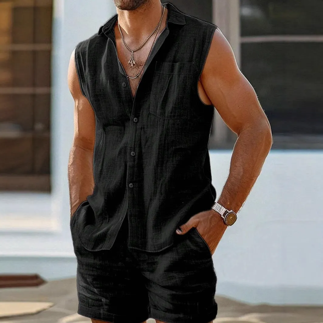 Mens Sleeveless Shirt  Cotton Linen Blend  Relaxed Fit  Button-Up Casual Style