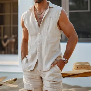 Mens Sleeveless Shirt  Cotton Linen Blend  Relaxed Fit  Button-Up Casual Style