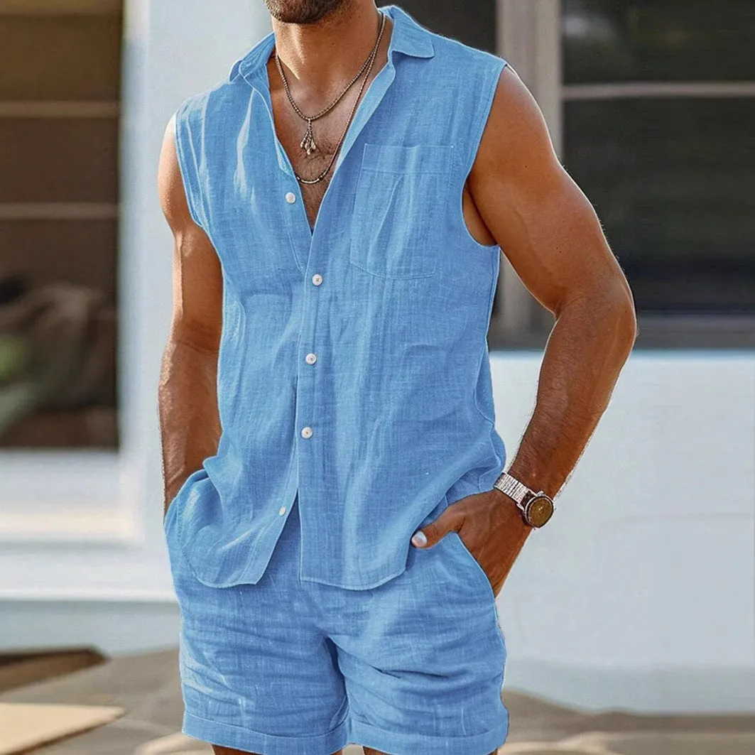 Mens Sleeveless Shirt  Cotton Linen Blend  Relaxed Fit  Button-Up Casual Style