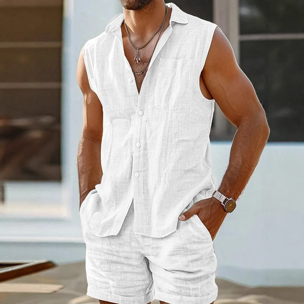 Mens Sleeveless Shirt  Cotton Linen Blend  Relaxed Fit  Button-Up Casual Style