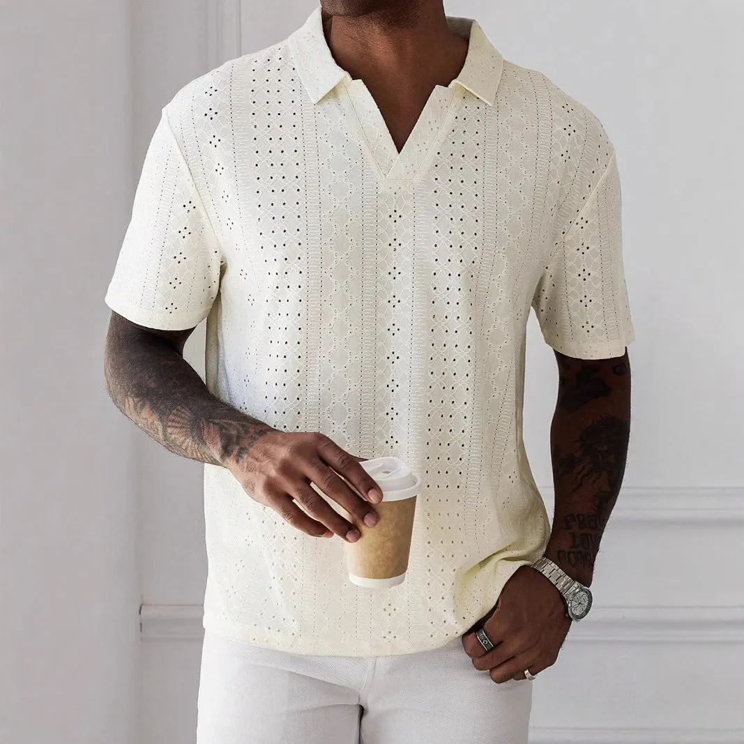 Mens T-Shirt  Relaxed Fit  V-Neck  Knitted Jacquard  Breathable Lace Texture