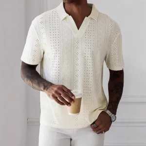 Mens T-Shirt  Relaxed Fit  V-Neck  Knitted Jacquard  Breathable Lace Texture