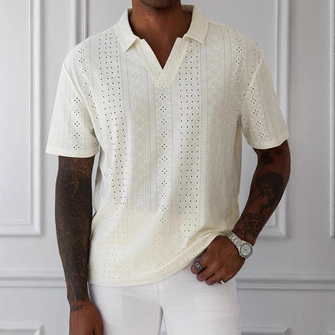Mens T-Shirt  Relaxed Fit  V-Neck  Knitted Jacquard  Breathable Lace Texture