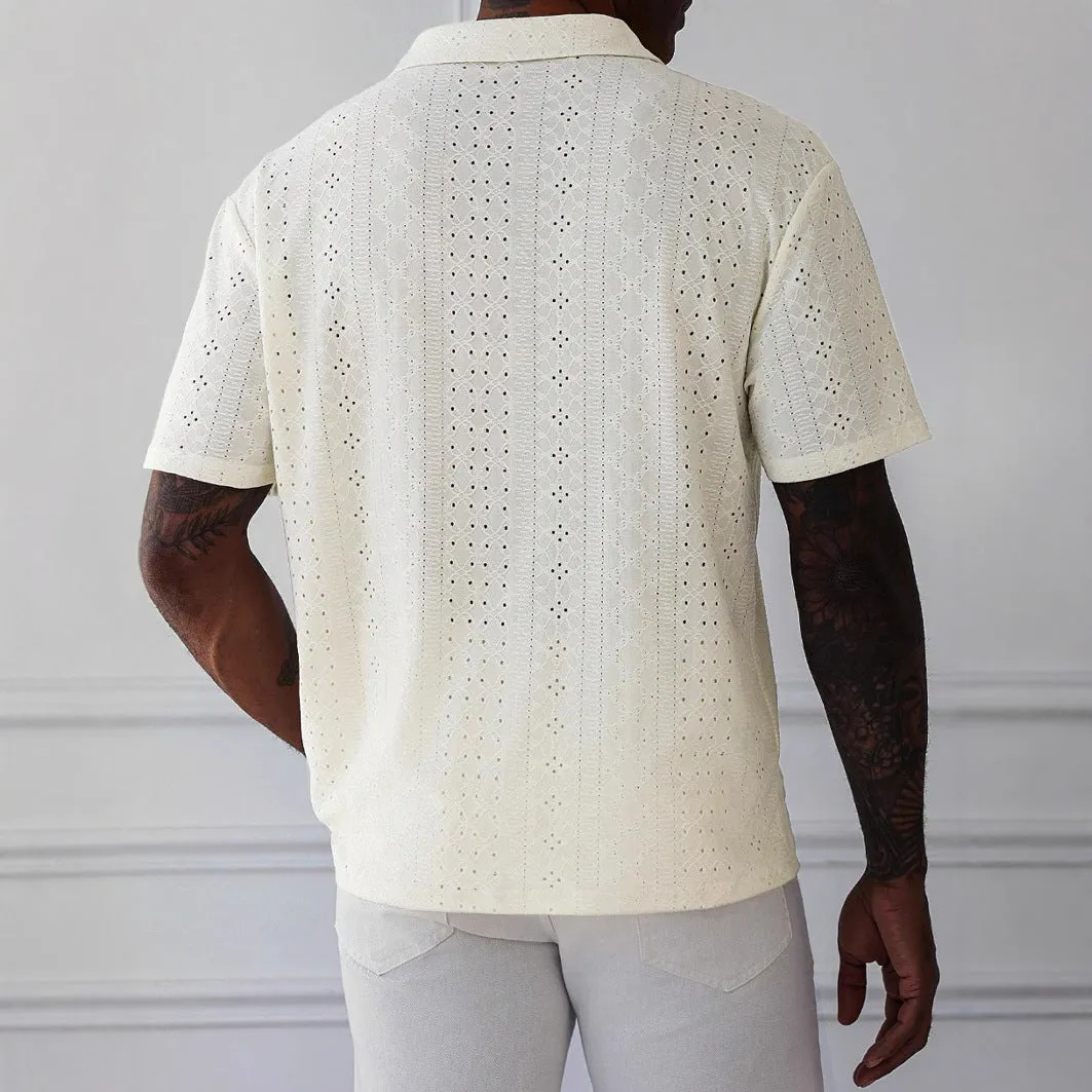 Mens T-Shirt  Relaxed Fit  V-Neck  Knitted Jacquard  Breathable Lace Texture
