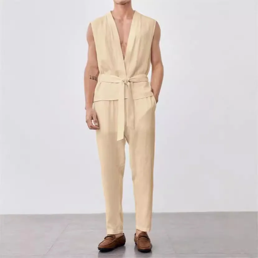 Mens Vest and Pants Set  Lightweight Cotton  Relaxed Fit  Belted V-Neck Top