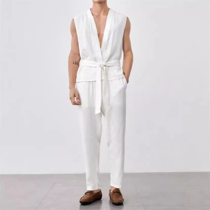 Mens Vest and Pants Set  Lightweight Cotton  Relaxed Fit  Belted V-Neck Top