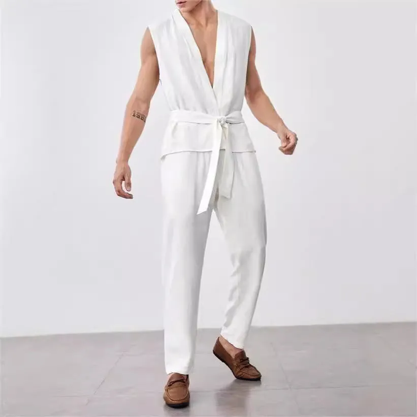Mens Vest and Pants Set  Lightweight Cotton  Relaxed Fit  Belted V-Neck Top