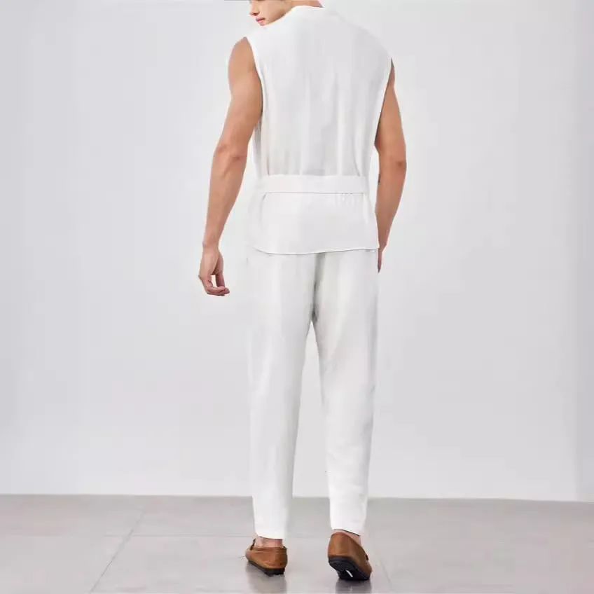 Mens Vest and Pants Set  Lightweight Cotton  Relaxed Fit  Belted V-Neck Top