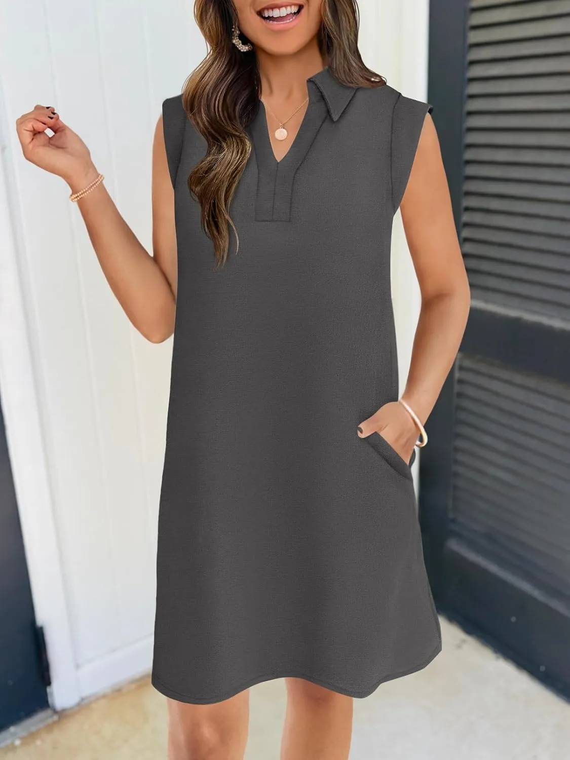 MEROKEETY Women's 2025 Summer Short Sleeve Mini Dress Casual Collared V Neck Loose T Shirt Dresses