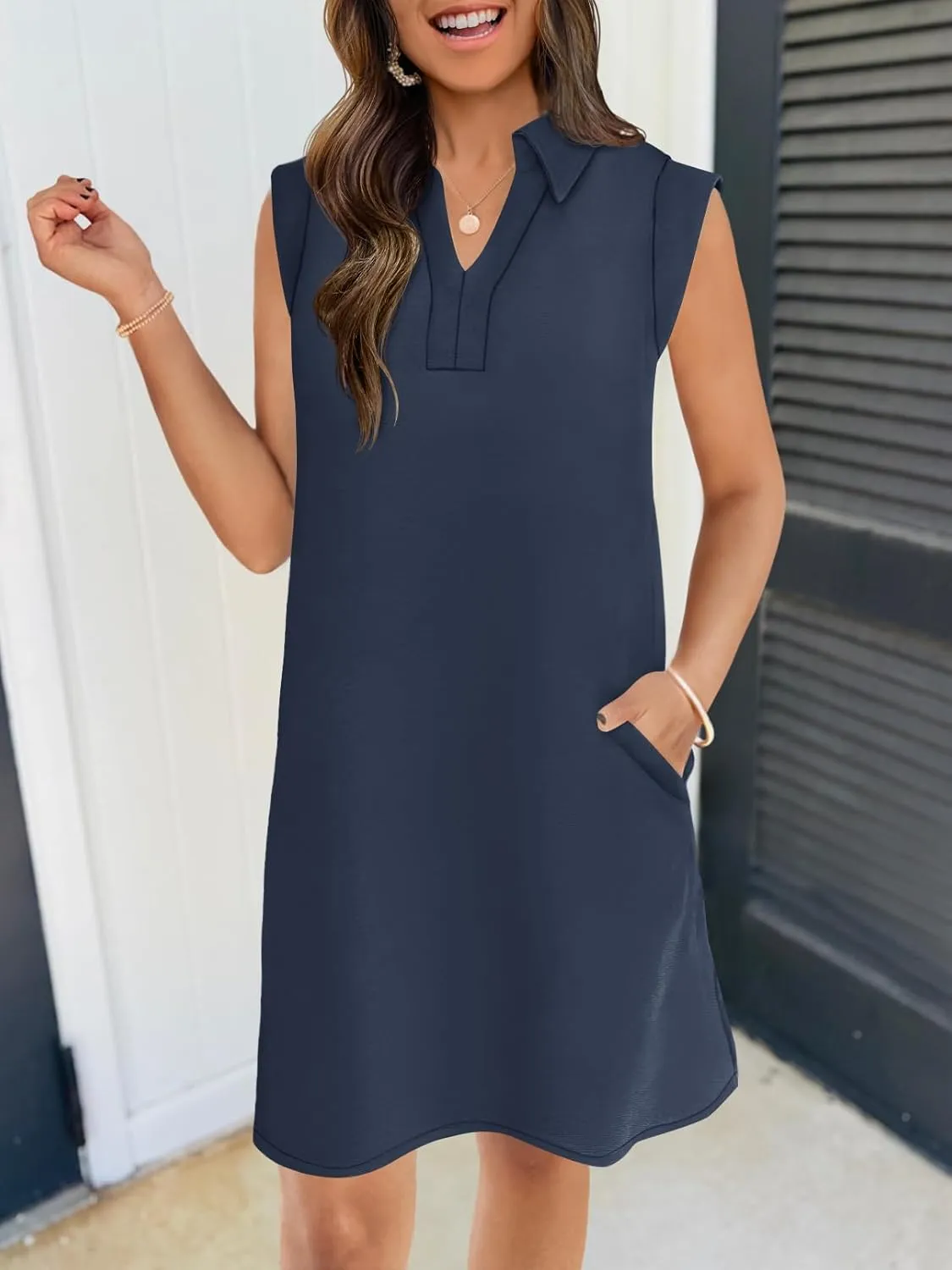 MEROKEETY Women's 2025 Summer Short Sleeve Mini Dress Casual Collared V Neck Loose T Shirt Dresses