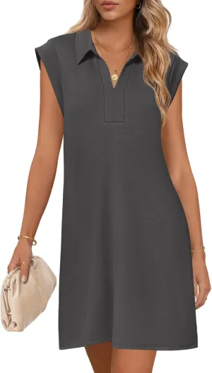 MEROKEETY Women's 2025 Summer Short Sleeve Mini Dress Casual Collared V Neck Loose T Shirt Dresses