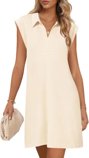 MEROKEETY Women's 2025 Summer Short Sleeve Mini Dress Casual Collared V Neck Loose T Shirt Dresses