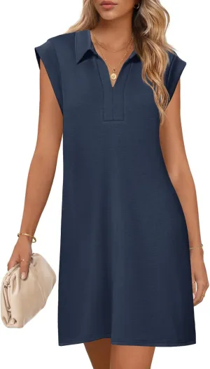 MEROKEETY Women's 2025 Summer Short Sleeve Mini Dress Casual Collared V Neck Loose T Shirt Dresses