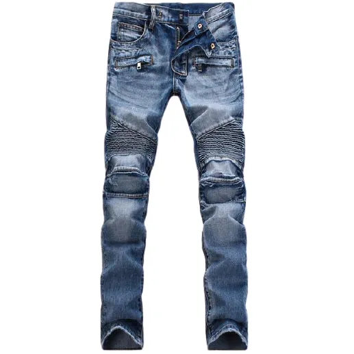 Mid Waist Jeans Patch With Leather Men's Urban Straight Jeans