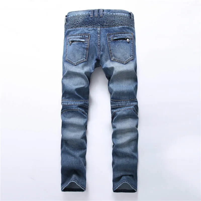 Mid Waist Jeans Patch With Leather Men's Urban Straight Jeans