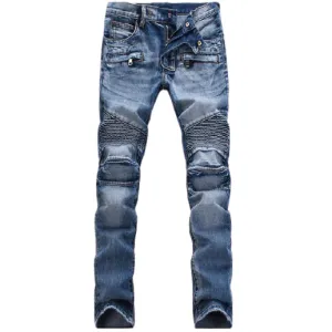 Mid Waist Jeans Patch With Leather Men's Urban Straight Jeans