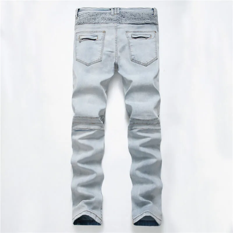 Mid Waist Jeans Patch With Leather Men's Urban Straight Jeans