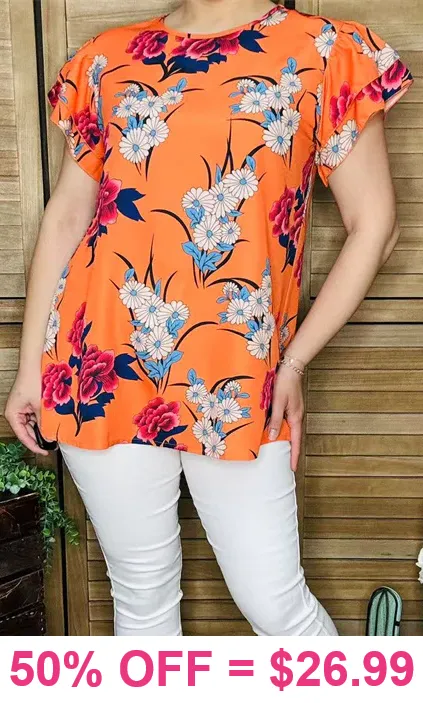 Orange Floral top with cap sleeves