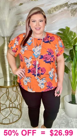 Orange Floral top with cap sleeves