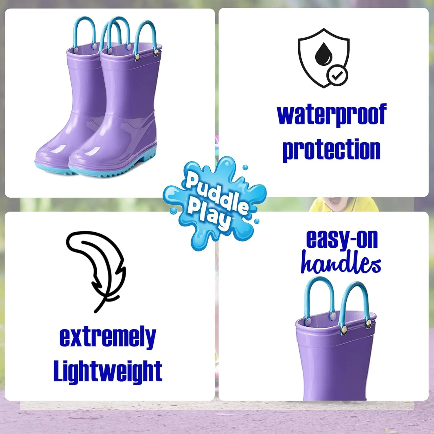 Puddle Play Toddler and Kids Waterproof PVC Rain Boots with Easy-On Handles  Lightweight Slip-Resistant Outdoor Boots for Boys and Girls