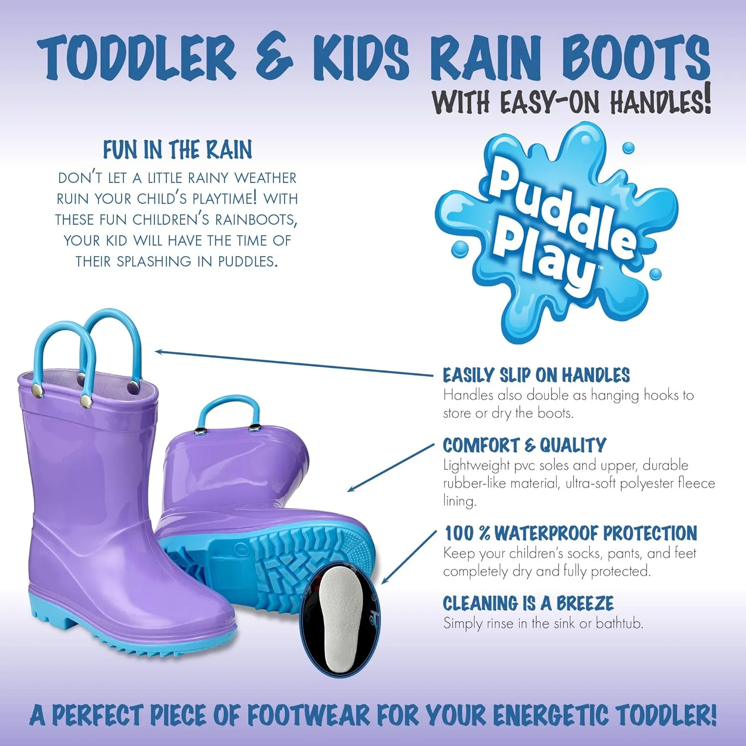Puddle Play Toddler and Kids Waterproof PVC Rain Boots with Easy-On Handles  Lightweight Slip-Resistant Outdoor Boots for Boys and Girls
