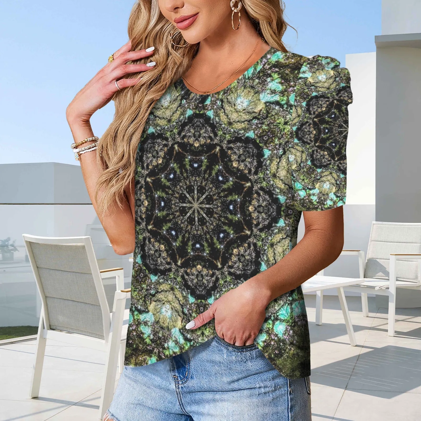Puff Sleeve T-Shirt Blue Algae Medallion