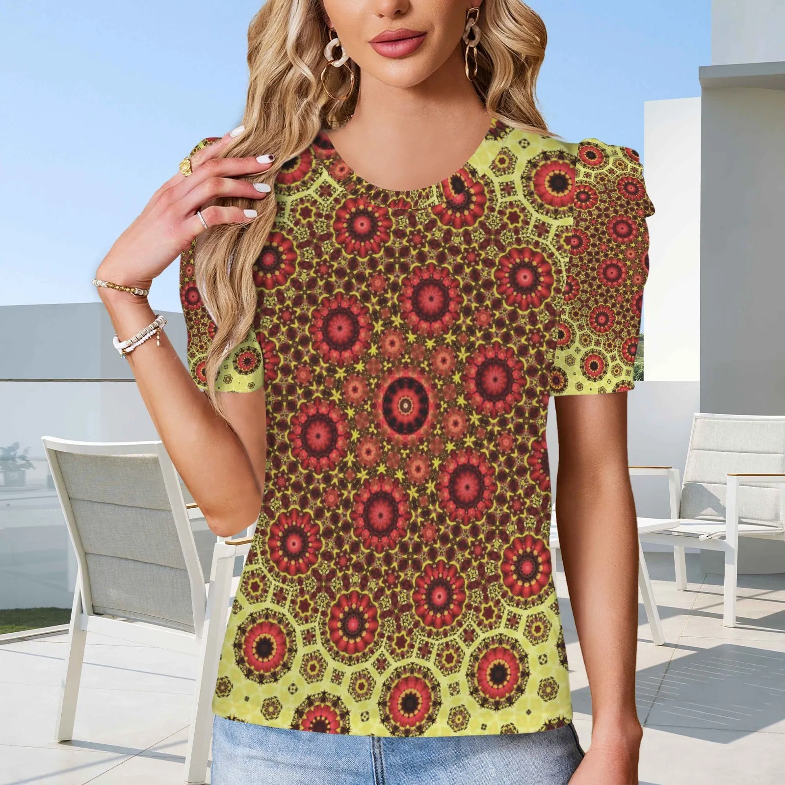 Puff Sleeve T-Shirt Fall Leaves Yellow and Red
