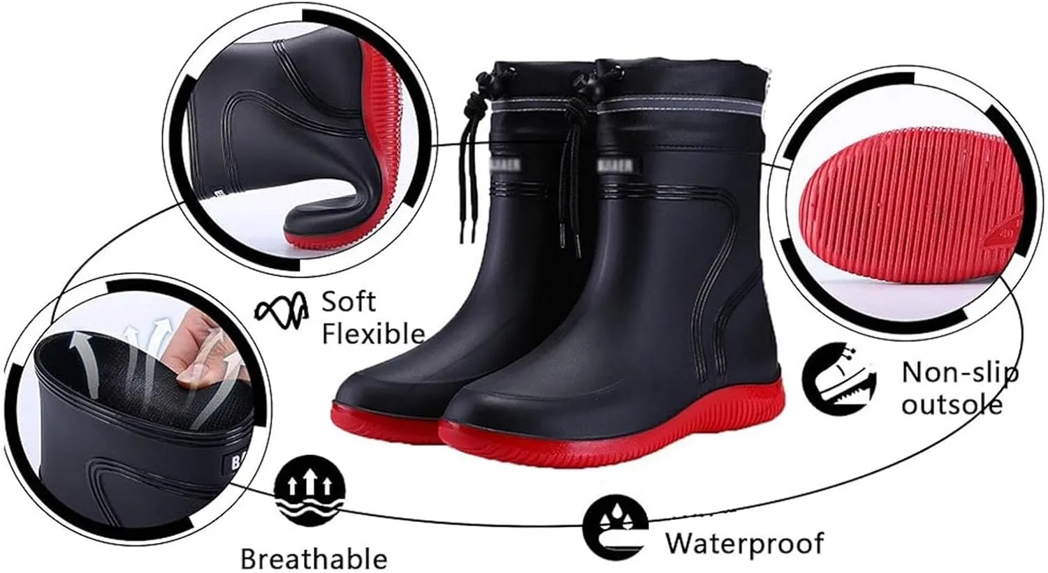 Rubber Rain Shoes for Men, Men's Mid Calf Pull Rope Adjustable PVC Comfort Lightweight Work Rain Boots, with Waterproof Upper and Non-slip Soles Suitable, for Spring Summer, Outdoors