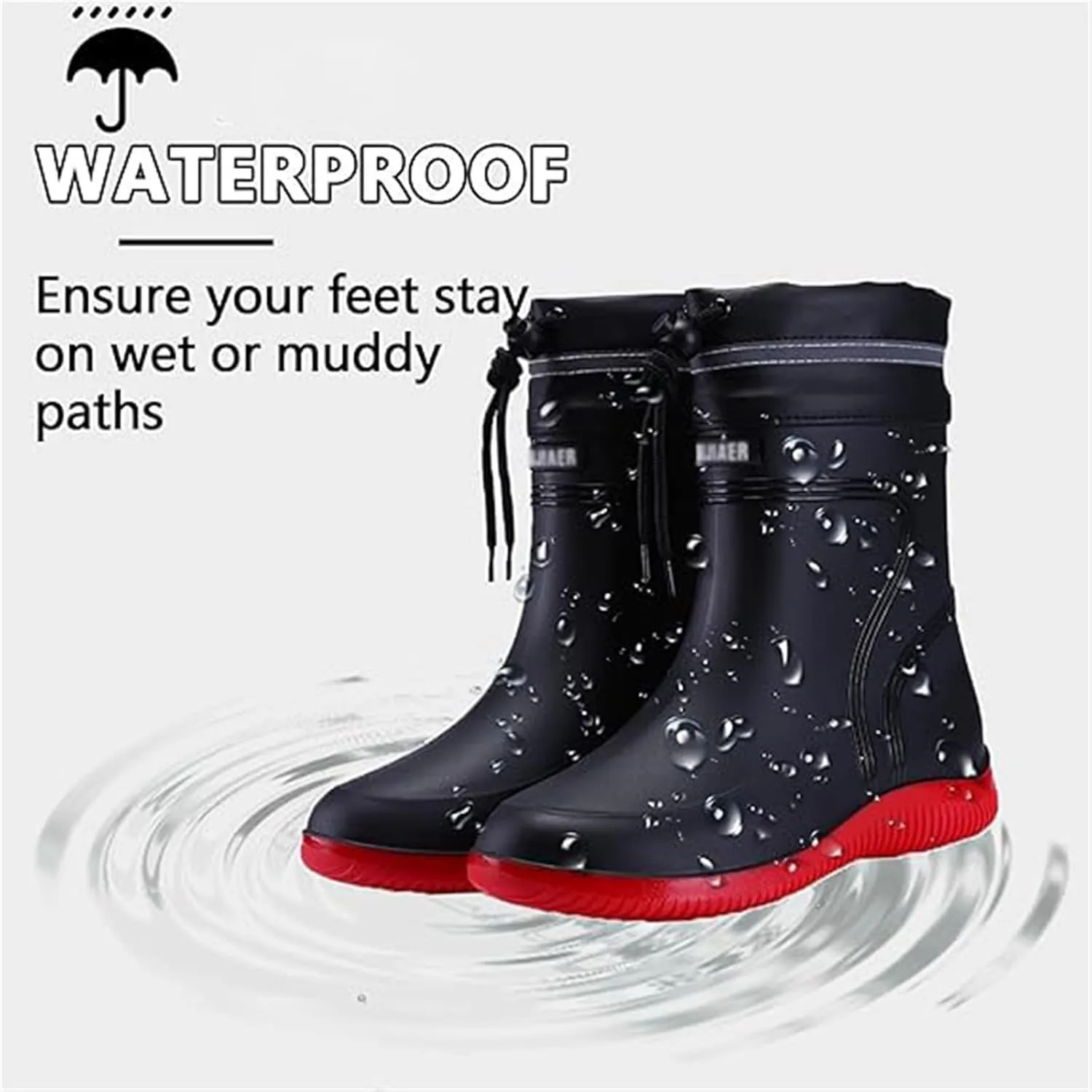 Rubber Rain Shoes for Men, Men's Mid Calf Pull Rope Adjustable PVC Comfort Lightweight Work Rain Boots, with Waterproof Upper and Non-slip Soles Suitable, for Spring Summer, Outdoors